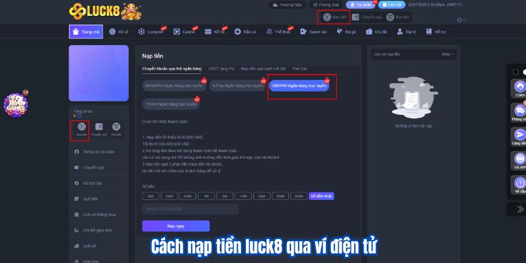 Cách nạp tiền luck8 qua ví điện tử